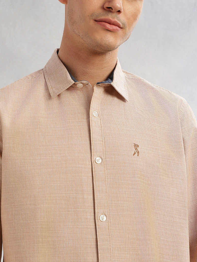 Thomas Scott Men Orange Cricket Club Collection Slim Fit Long Sleeves Spread Collar Pinstripe Cotton Linen Casual Shirt