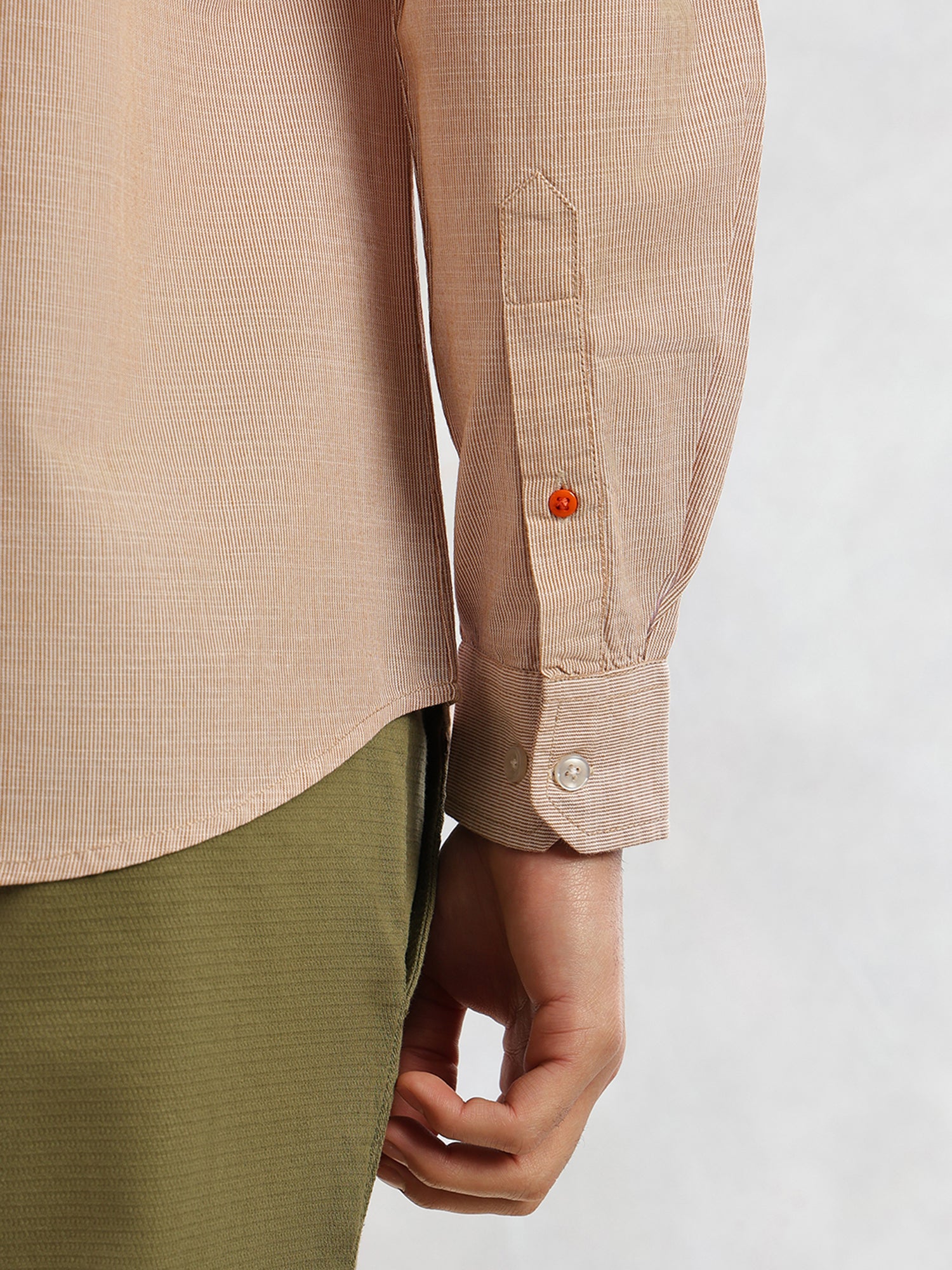 Thomas Scott Men Orange Cricket Club Collection Slim Fit Long Sleeves Spread Collar Pinstripe Cotton Linen Casual Shirt