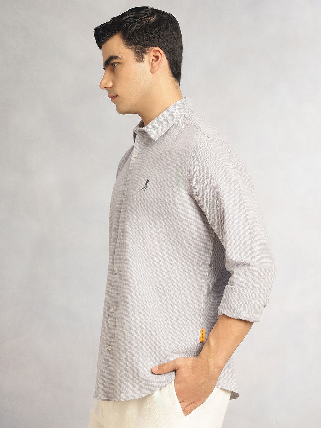 Grey Cricket Club Collection Slim Fit Long Sleeves Spread Collar Pinstripes Cotton Linen Casual Shirt For Men