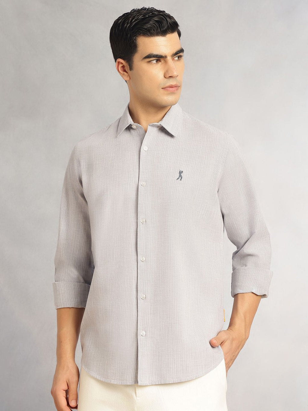 Grey Cricket Club Collection Slim Fit Long Sleeves Spread Collar Pinstripes Cotton Linen Casual Shirt For Men