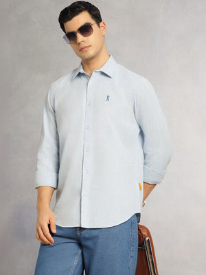 Sky Blue Cricket Club Collection Slim Fit Long Sleeves Spread Collar Pinstripes Cotton Linen Casual Shirt For Men
