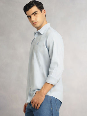 Sky Blue Cricket Club Collection Slim Fit Long Sleeves Spread Collar Pinstripes Cotton Linen Casual Shirt For Men
