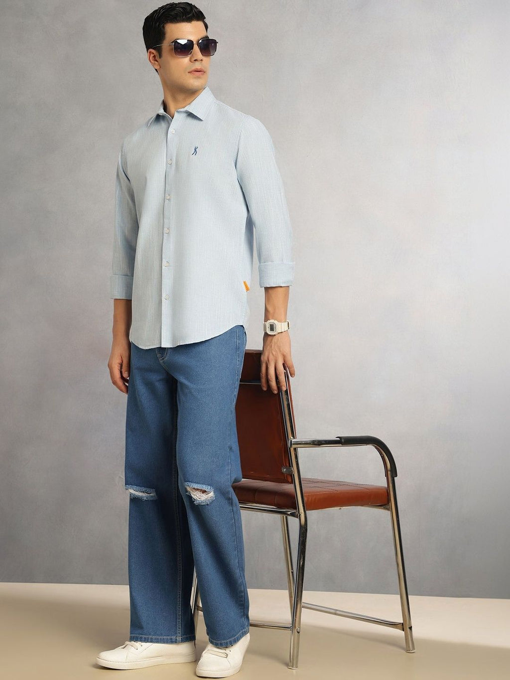 Sky Blue Cricket Club Collection Slim Fit Long Sleeves Spread Collar Pinstripes Cotton Linen Casual Shirt For Men