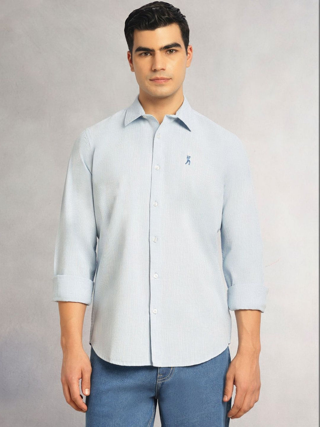 Sky Blue Cricket Club Collection Slim Fit Long Sleeves Spread Collar Pinstripes Cotton Linen Casual Shirt For Men