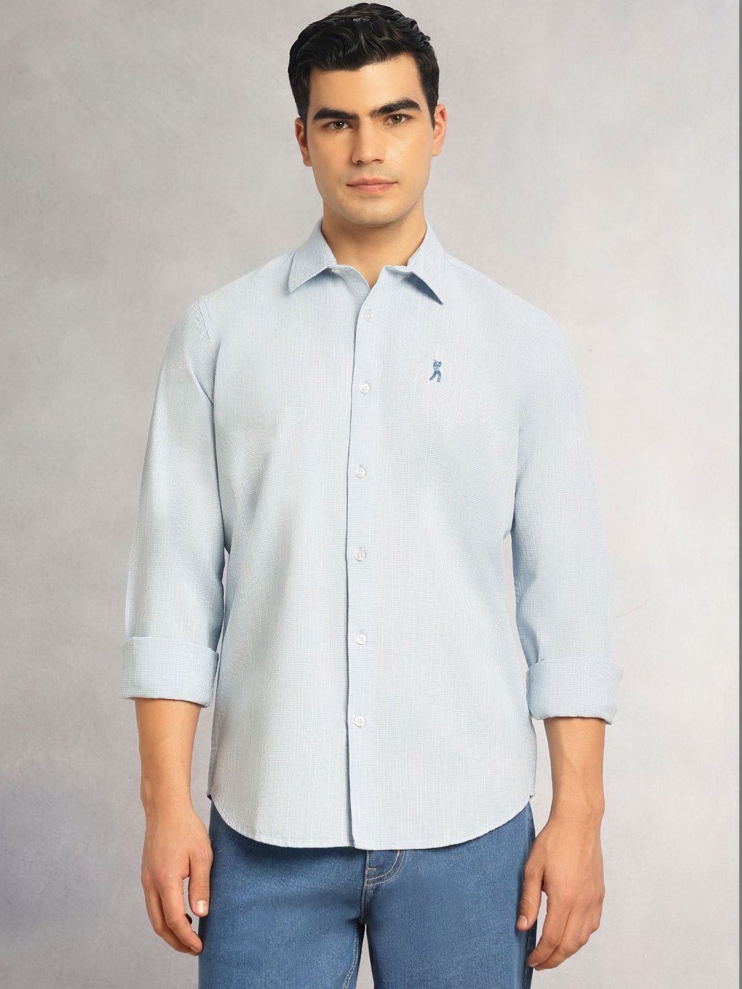 Sky Blue Cricket Club Collection Slim Fit Long Sleeves Spread Collar Pinstripes Cotton Linen Casual Shirt For Men