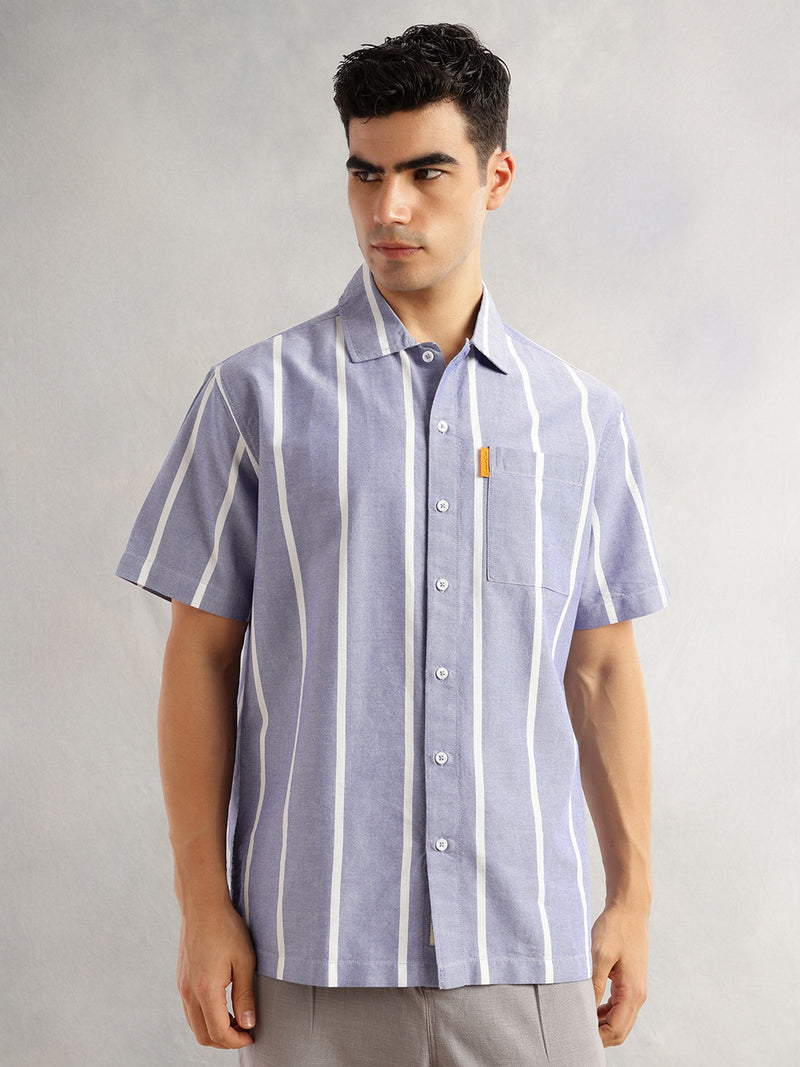 Thomas Scott Men Blue Oversized Fit Short Sleeves Cuban Collar Vertical Stripes 100% Collar Oxford Casual Shirt