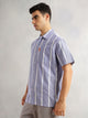 Thomas Scott Men Blue Oversized Fit Short Sleeves Cuban Collar Vertical Stripes 100% Collar Oxford Casual Shirt