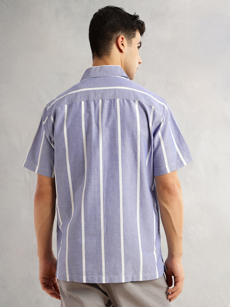 Thomas Scott Men Blue Oversized Fit Short Sleeves Cuban Collar Vertical Stripes 100% Collar Oxford Casual Shirt