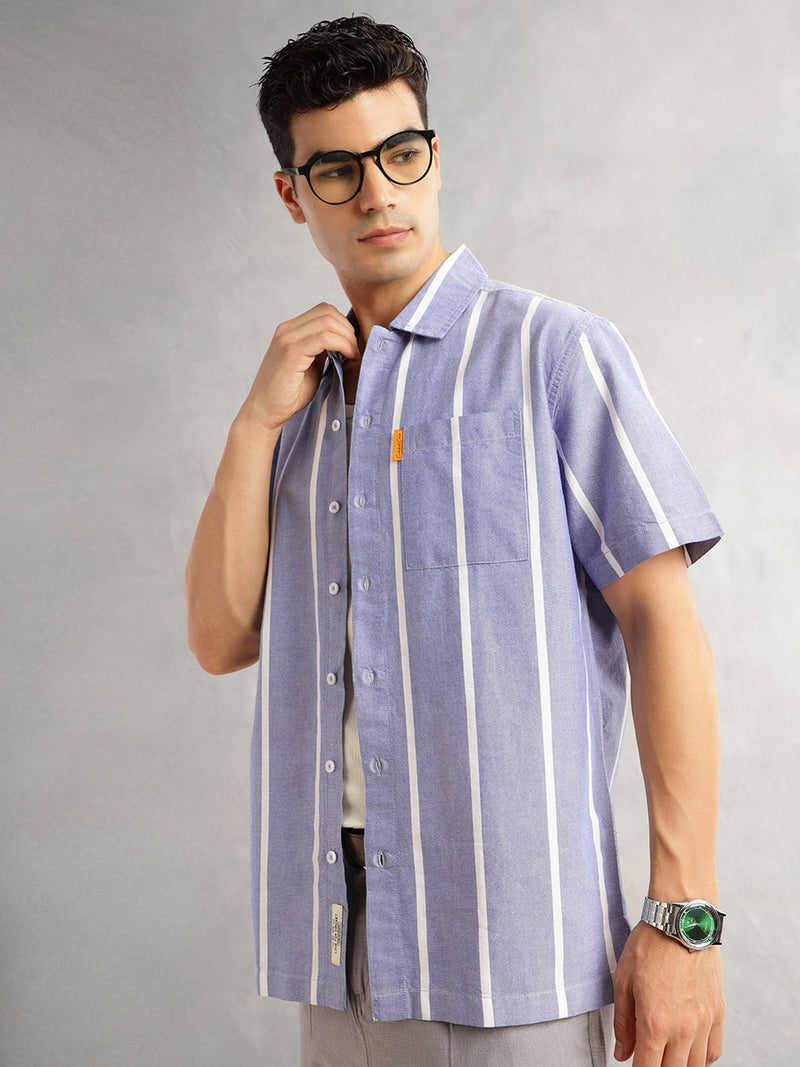 Thomas Scott Men Blue Oversized Fit Short Sleeves Cuban Collar Vertical Stripes 100% Collar Oxford Casual Shirt