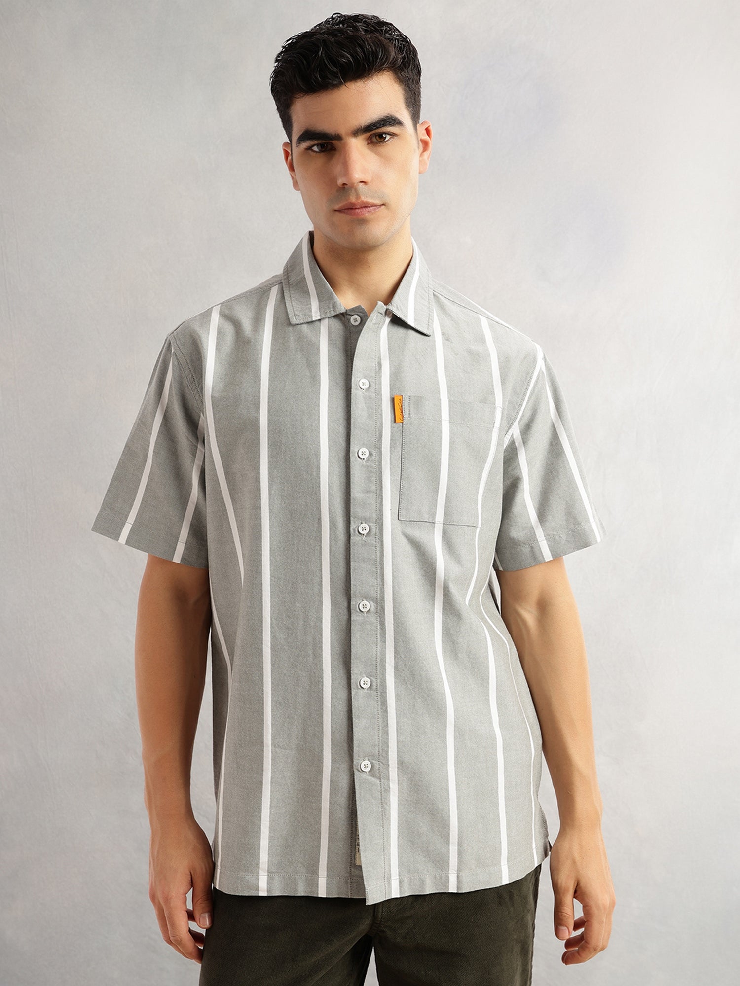 Thomas Scott Men Green Oversized Fit Short Sleeves Cuban Collar Vertical Stripes 100% Collar Oxford Casual Shirt