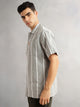 Thomas Scott Men Green Oversized Fit Short Sleeves Cuban Collar Vertical Stripes 100% Collar Oxford Casual Shirt