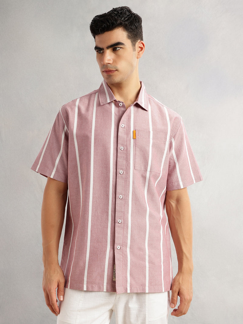 Thomas Scott Men Red Oversized Fit Short Sleeves Cuban Collar Vertical Stripes 100% Collar Oxford Casual Shirt