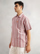 Thomas Scott Men Red Oversized Fit Short Sleeves Cuban Collar Vertical Stripes 100% Collar Oxford Casual Shirt