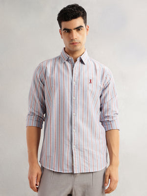 Thomas Scott Men Blue Slim Fit Long Sleeves Vertical Stripes Spread Collar 100% Cotton Oxford Casual Shirt
