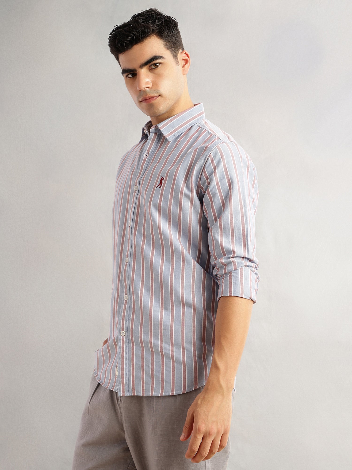 Thomas Scott Men Blue Slim Fit Long Sleeves Vertical Stripes Spread Collar 100% Cotton Oxford Casual Shirt
