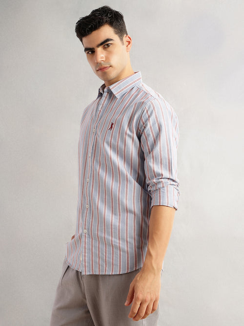 Thomas Scott Men Blue Slim Fit Long Sleeves Vertical Stripes Spread Collar 100% Cotton Oxford Casual Shirt