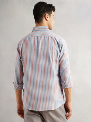 Thomas Scott Men Blue Slim Fit Long Sleeves Vertical Stripes Spread Collar 100% Cotton Oxford Casual Shirt