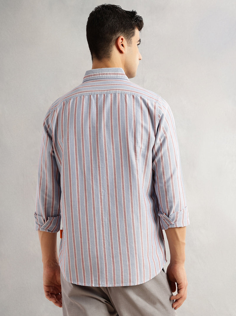 Thomas Scott Men Blue Slim Fit Long Sleeves Vertical Stripes Spread Collar 100% Cotton Oxford Casual Shirt