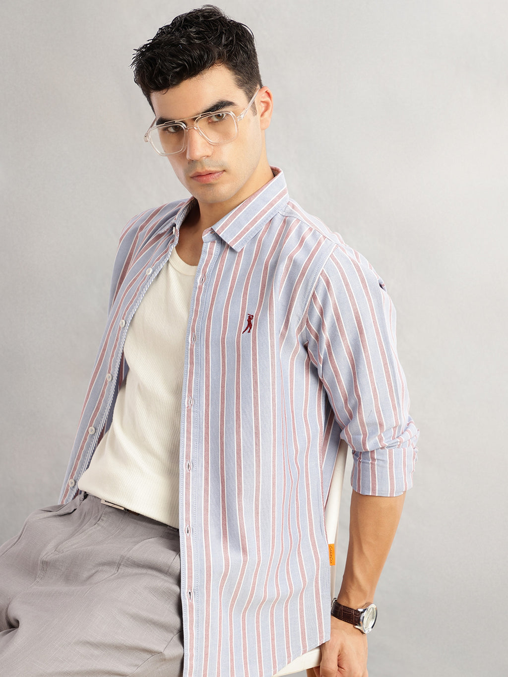 Thomas Scott Men Blue Slim Fit Long Sleeves Vertical Stripes Spread Collar 100% Cotton Oxford Casual Shirt
