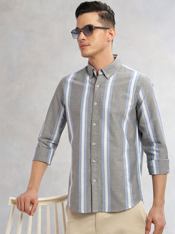 Thomas Scott Men Black Cricket Club Collection Slim Fit Long Sleeves Vertical Stripes Button Down Collar Oxford Casual | Shirt
