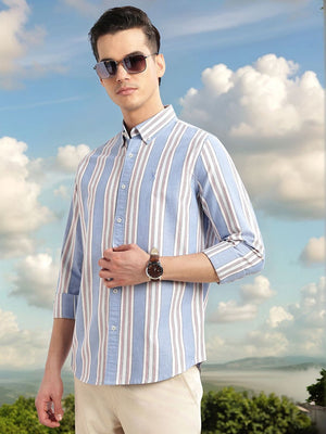 Blue Cricket Club Collection Slim Fit Long Sleeves Button-Down Collar Multi Stripes 100% Cotton Casual Shirt For Men