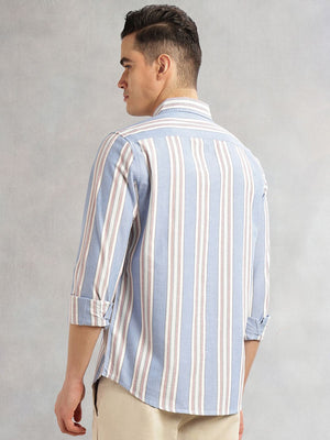 Blue Cricket Club Collection Slim Fit Long Sleeves Button-Down Collar Multi Stripes 100% Cotton Casual Shirt For Men