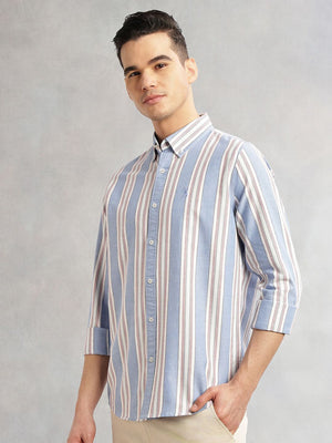 Blue Cricket Club Collection Slim Fit Long Sleeves Button-Down Collar Multi Stripes 100% Cotton Casual Shirt For Men