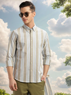 Green Cricket Club Collection Slim Fit Long Sleeves Button-Down Collar Multi Stripes 100% Cotton Casual Shirt For Men
