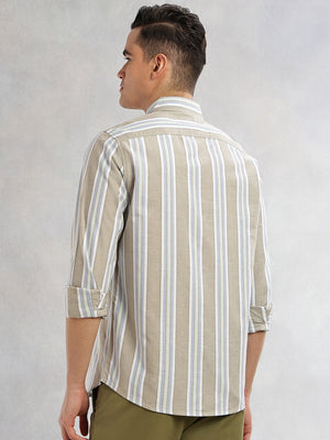 Green Cricket Club Collection Slim Fit Long Sleeves Button-Down Collar Multi Stripes 100% Cotton Casual Shirt For Men
