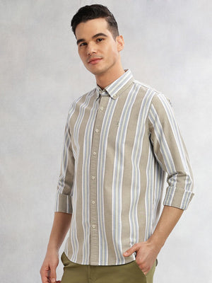 Green Cricket Club Collection Slim Fit Long Sleeves Button-Down Collar Multi Stripes 100% Cotton Casual Shirt For Men