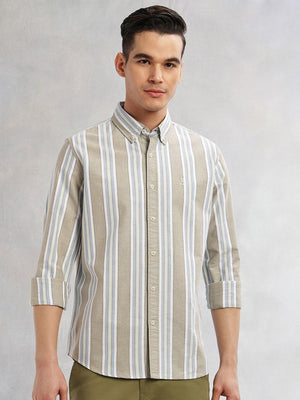 Green Cricket Club Collection Slim Fit Long Sleeves Button-Down Collar Multi Stripes 100% Cotton Casual Shirt For Men