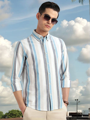Blue Cricket Club Collection Slim Fit Long Sleeves Button Down Collar Multi Stripes Oxford Casual Shirt For Men