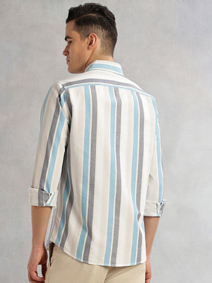 Blue Cricket Club Collection Slim Fit Long Sleeves Button Down Collar Multi Stripes Oxford Casual Shirt For Men
