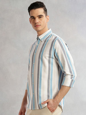Blue Cricket Club Collection Slim Fit Long Sleeves Button Down Collar Multi Stripes Oxford Casual Shirt For Men