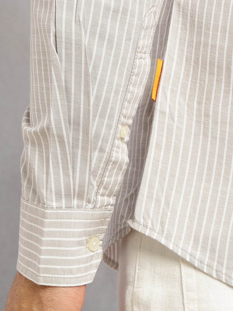 Thomas Scott Men Grey Cricket Club Collection Slim Fit 100% Cotton Oxford Shirt with Vertical Stripes & Spread Collar