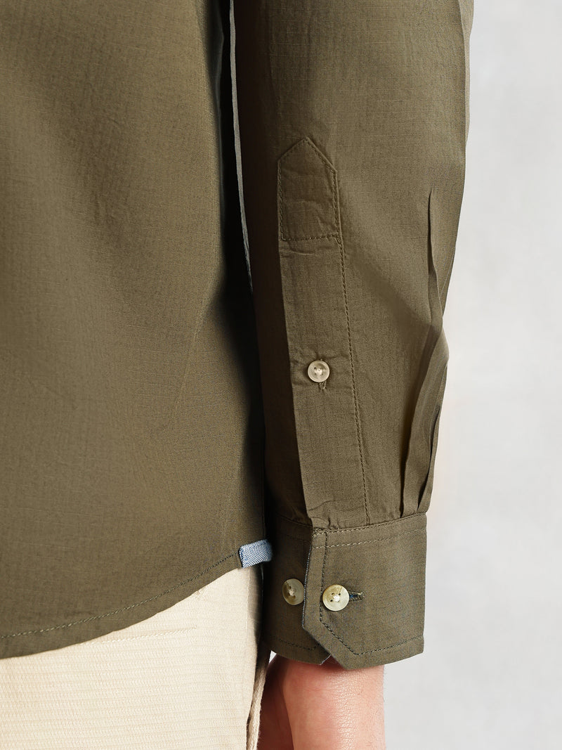 Thomas Scott Men Olive Cricket Club Collection Slim Fit Long Sleeves Spread Collar Solid Cotton Casual Shirt