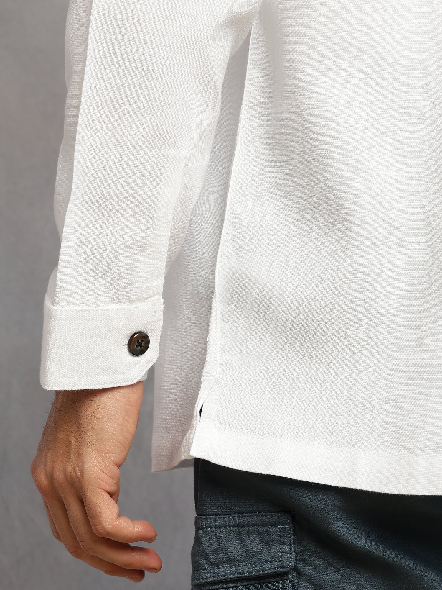 Thomas Scott Men White Cricket Club Collection Oversized Fit Long Sleeves Camp Collar Cotton Linen Twill Shacket with 2 Flap Pockets