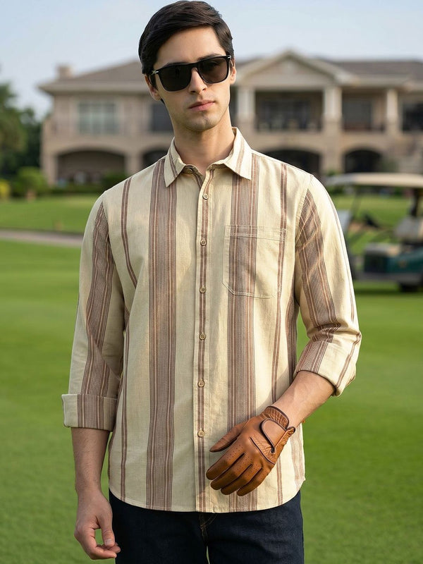 Beige Cricket Club Collection Men Striped Cotton Linen Shirt For Men-Slim Fit, Long Sleeve, Spread Collar Casual Wear