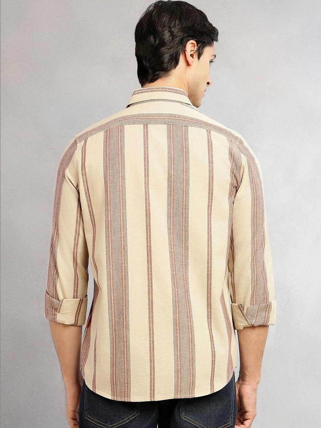 Beige Cricket Club Collection Men Striped Cotton Linen Shirt For Men-Slim Fit, Long Sleeve, Spread Collar Casual Wear