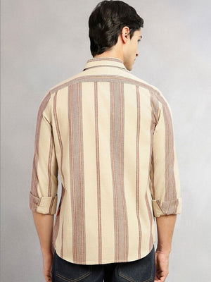 Beige Cricket Club Collection Men Striped Cotton Linen Shirt For Men-Slim Fit, Long Sleeve, Spread Collar Casual Wear