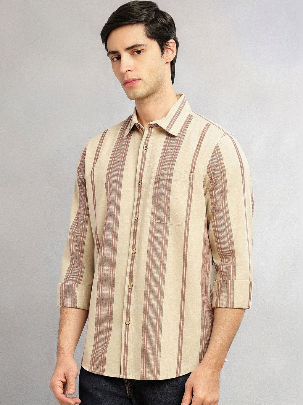 Beige Cricket Club Collection Men Striped Cotton Linen Shirt For Men-Slim Fit, Long Sleeve, Spread Collar Casual Wear