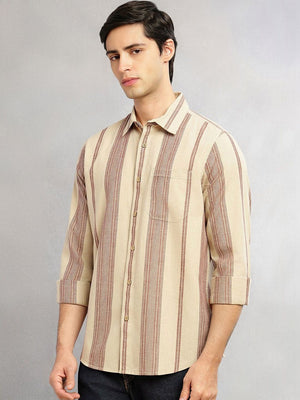 Beige Cricket Club Collection Men Striped Cotton Linen Shirt For Men-Slim Fit, Long Sleeve, Spread Collar Casual Wear