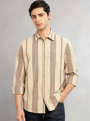 Beige Cricket Club Collection Men Striped Cotton Linen Shirt For Men-Slim Fit, Long Sleeve, Spread Collar Casual Wear