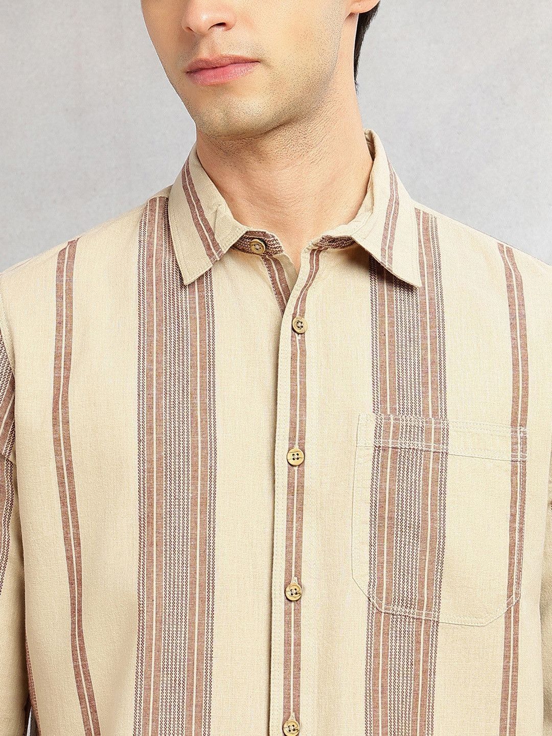 Beige Cricket Club Collection Men Striped Cotton Linen Shirt For Men-Slim Fit, Long Sleeve, Spread Collar Casual Wear