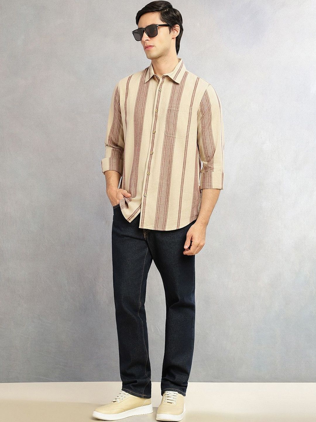 Beige Cricket Club Collection Men Striped Cotton Linen Shirt For Men-Slim Fit, Long Sleeve, Spread Collar Casual Wear
