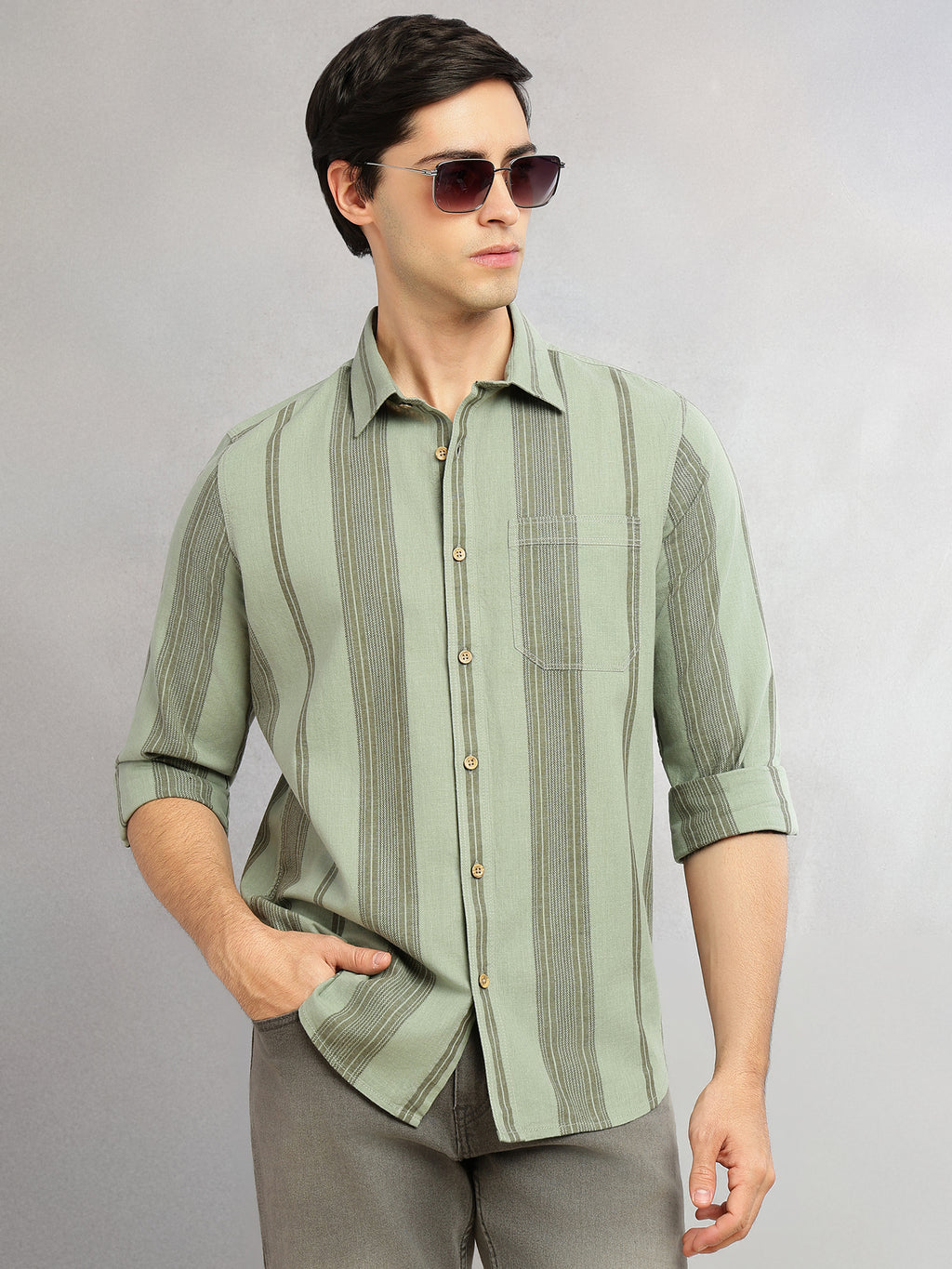Thomas Scott Men Green Cricket Club Collection Men Striped Cotton Linen Shirt-Slim Fit, Long Sleeve, Spread Collar Casual Wear