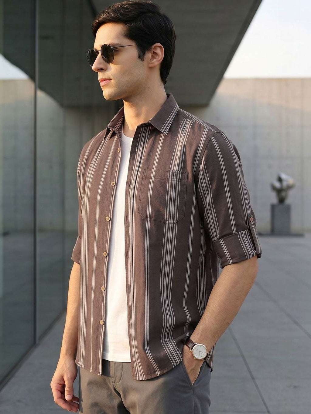 Brown Cricket Club Collection Slim Fit Cotton Linen Classic Striped Casual Wear Shirt For Men for Men