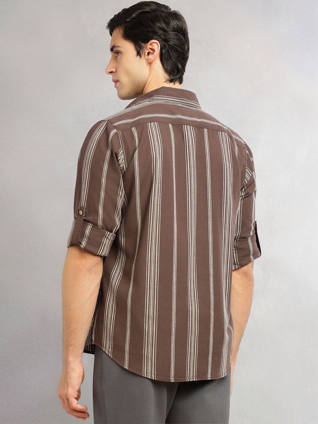 Brown Cricket Club Collection Slim Fit Cotton Linen Classic Striped Casual Wear Shirt For Men for Men