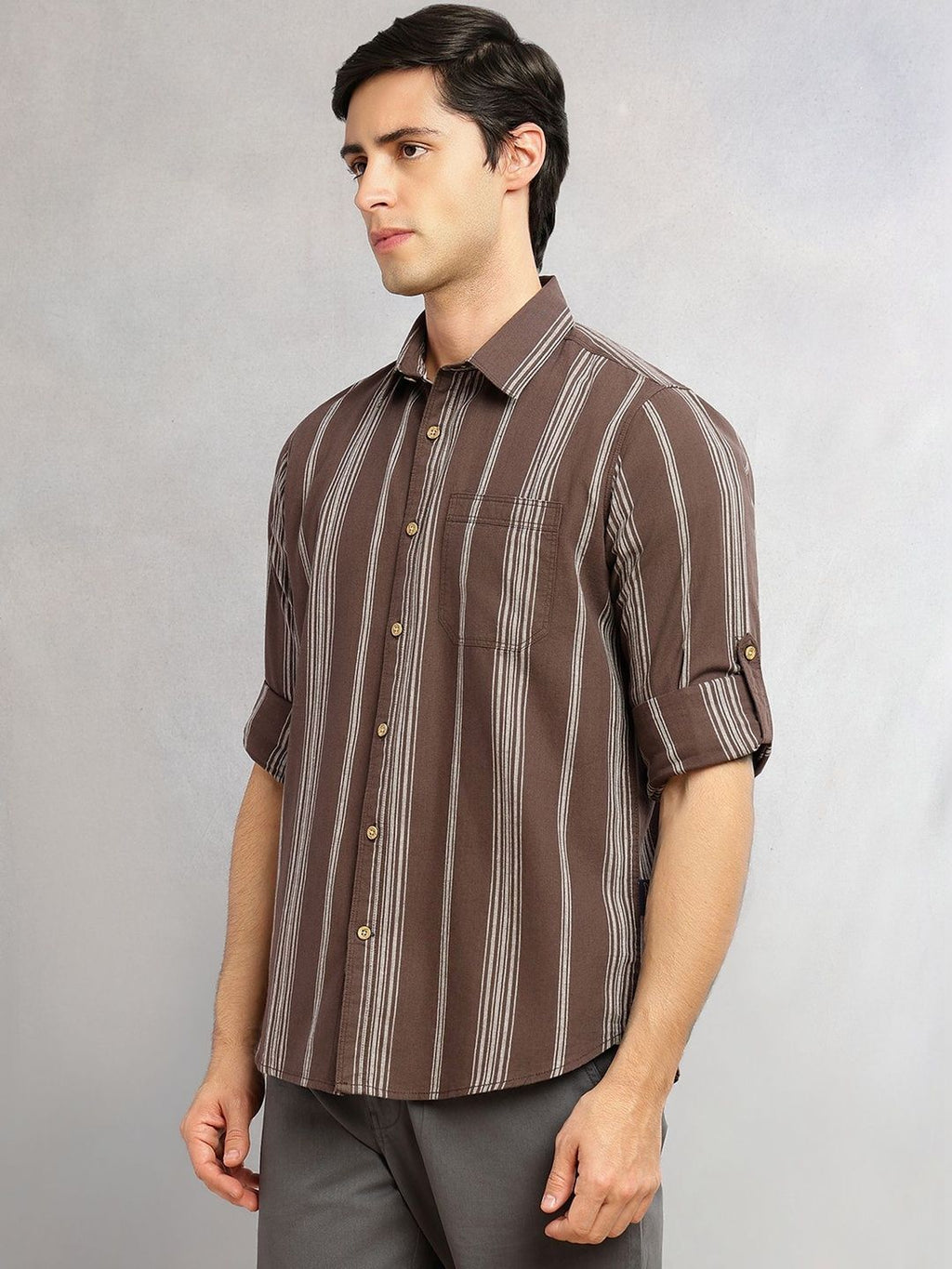 Brown Cricket Club Collection Slim Fit Cotton Linen Classic Striped Casual Wear Shirt For Men for Men
