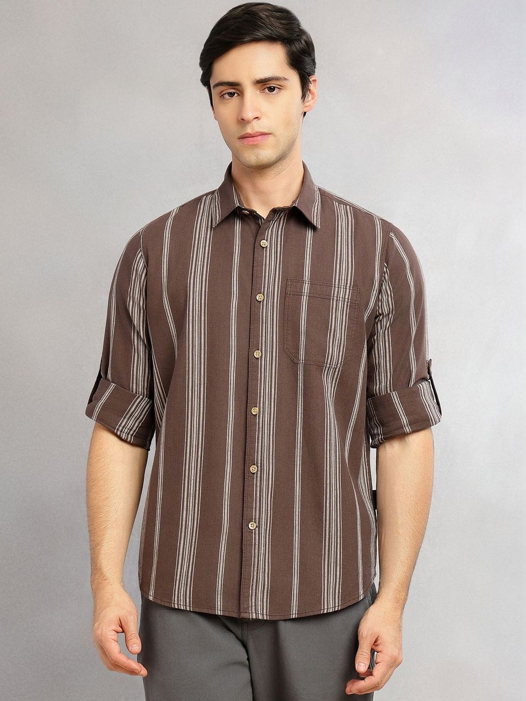 Brown Cricket Club Collection Slim Fit Cotton Linen Classic Striped Casual Wear Shirt For Men for Men